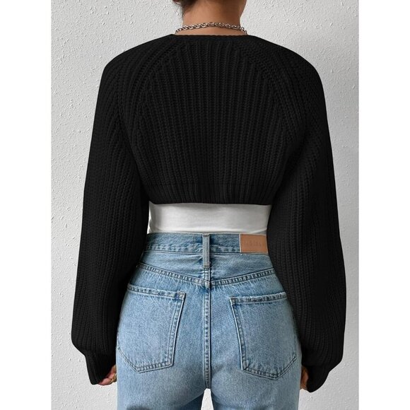 ❤️Women Black Qlarnaweer  Cropped Cardiga Bolero Shrug Sweater Open Front Knit - Picture 2 of 6
